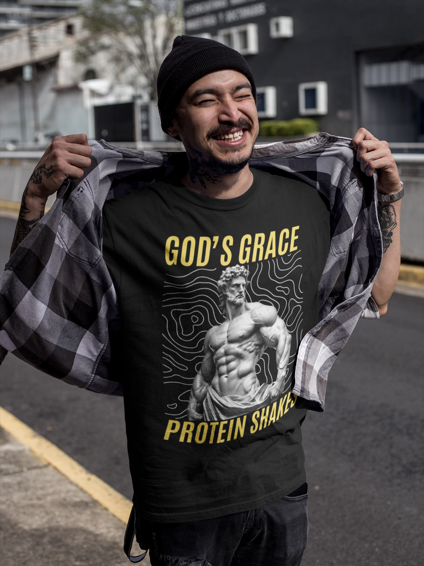 God's Grace and Protein Shakes - Black T-shirt